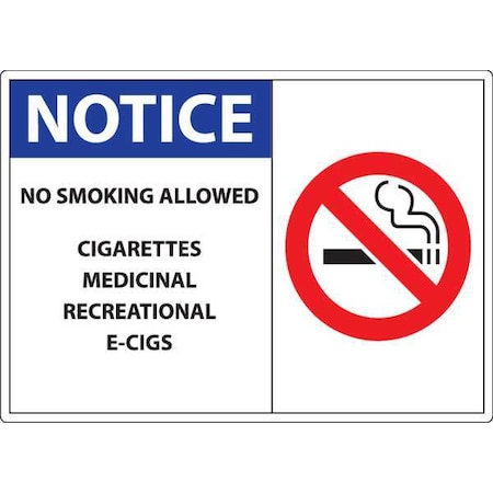 Zing No Smoking Sign, 7" H, 10" W, Plastic, Rectangle, English, 1843 1843