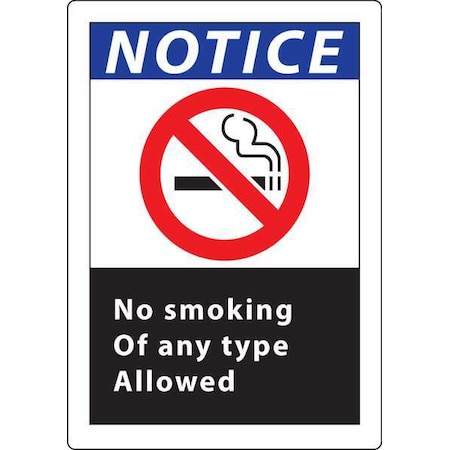 Zing No Smoking Sign, 10" H, 7 in W, Plastic, Rectangle, English, 1836 1836
