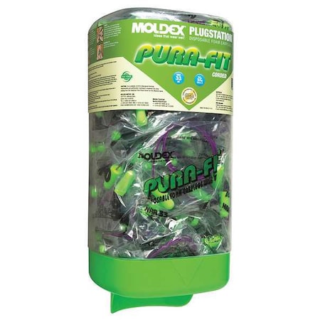 Moldex Pura-Fit Ear Plugs with Dispenser, Foam, Bullet, 33 dB NRR, Corded, 150 Pairs Per Pkg 6882