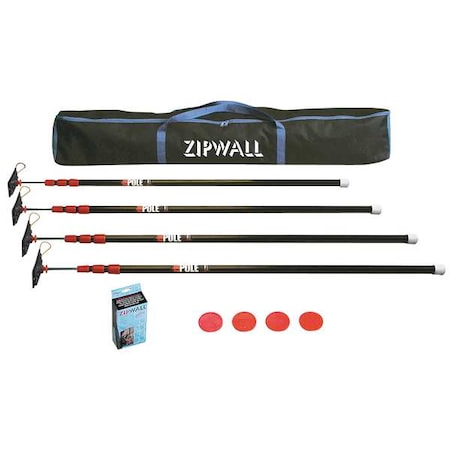Zipwall Dust Barrier System, Telescoping Pole, Telescoping, 10 ft Max Extension Ht, 5 in Wd, includes 4 poles ZP4