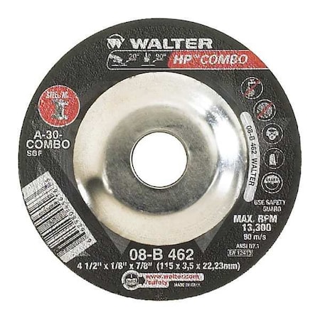 WALTER SURFACE TECHNOLOGIES Depressed Center Grinding Wheel, 0.125 in Thick, Aluminum Oxide 08B457