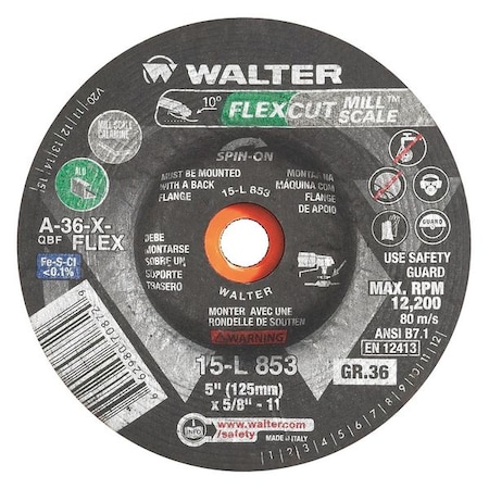 Walter Surface Technologies Depressed Center Grinding Wheel, 6 in Dia, 0.125 in Thick, 5/8 in-11 Arbor Hole Size 15L863