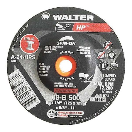Walter Surface Technologies Depressed Center Grinding Wheel, Type 27, 5 in Dia, 0.25 in Thick, 5/8"-11 Arbor Hole Size, 30 Grit 08B500