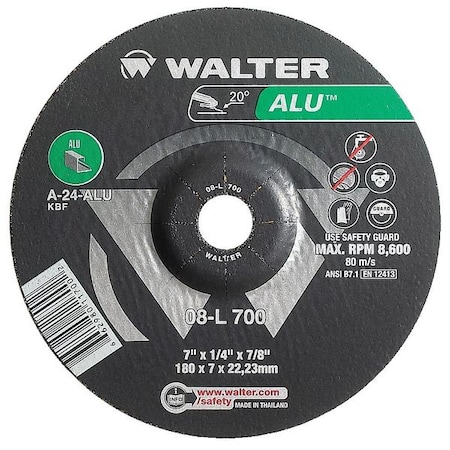 WALTER SURFACE TECHNOLOGIES Depressed Center Grinding Wheel, Type 27, 0.25 in Thick, Aluminum Oxide 08L705