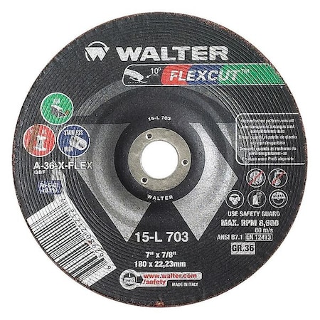 WALTER SURFACE TECHNOLOGIES Depressed Center Grinding Wheel, 0.125 in Thick, Aluminum Oxide 15L706