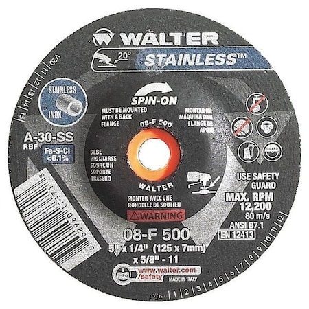 WALTER SURFACE TECHNOLOGIES Depressed Center Grinding Wheel, Type 27, 0.25 in Thick, Aluminum Oxide 08F500