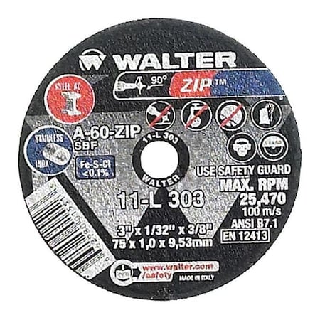 Walter Surface Technologies Abrasive Cut-Off Wheel, Type 1, 3 in Dia, 0.0625 in Thick, 3/8 in Arbor Hole Size, Aluminum Oxide 11L313
