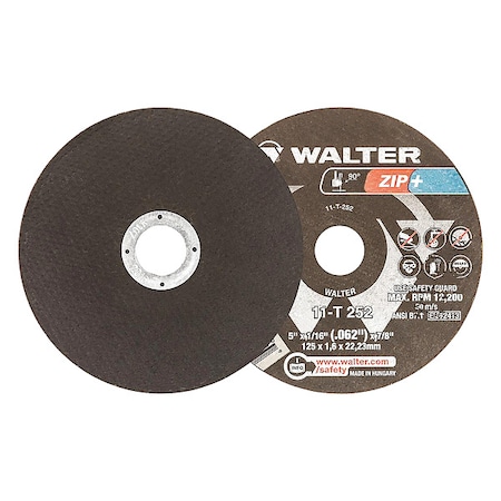 Walter Surface Technologies Abrasive Cut-Off Wheel, Type 1, 5 in Dia, 0.0625 in Thick, 7/8 in Arbor Hole Size, Aluminum Oxide 11T252