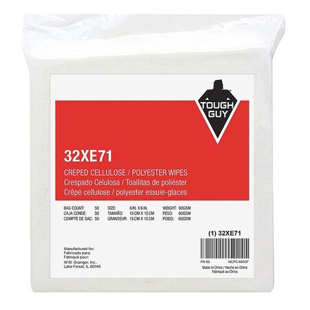 Tough Guy Clean Room Wipes, 6" x 6", 50 Wipes 32XE71