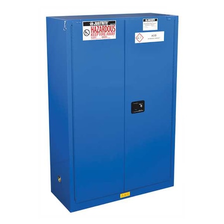 Justrite Hazardous Material Storage Cabinet, 45 gal, 2 Shelves, Steel, 43 in W x 65 in H x 18 in D, Blue 864528