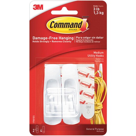 3M 3M™ 17001 Command™, Medium, White, 2 Hooks and 4 Strips, 6/Packs per Case CHS1003