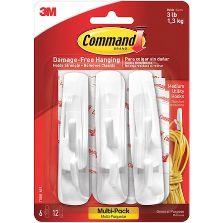 3M 3M 17001 Command Value Pack, Medium, White, 6 Hooks and 12 Strips, 6/Packs per Case CHS1005