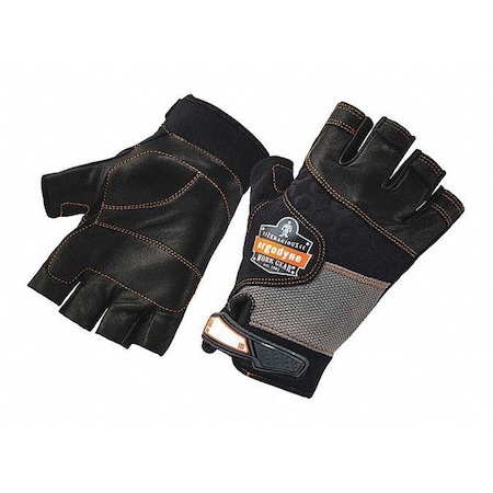 Proflex By Ergodyne Half Finger Mechanics Impact Gloves, Genuine Leather Palm, L, Black 901