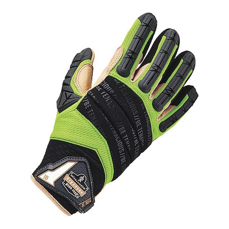 Proflex By Ergodyne Hi-Vis Mechanics Impact Gloves, Leather Palm, 2XL, Lime/Black 924LTR