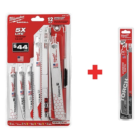 Milwaukee Tool 9" 8TPI The TORCH with CARBIDE TEETH 1PK + SAWZALL Demolition Blade Set, 12PC 49-22-1129, 48-00-5202
