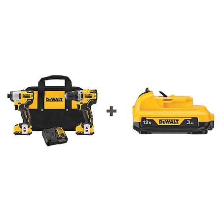 Dewalt Cordless Combination Kit, 2 Tools, 12V DC, Includes Batteries & Charger DCK221F2/DCB124