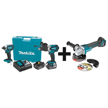 Makita Cordless Combination Kit, 3 Tools, 18V DC XT263M + XAG04Z