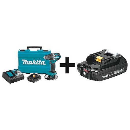 Makita Cordless Drill Kit, 2,000 RPM, 18V DC, Includes Additional Batteries (2 Ah) XFD12R + BL1820B