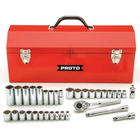 Proto 3/8 in Drive Socket Wrench Set Metric, SAE 34 Pieces 5/16 in to 7/8 in, 8 mm to 19 mm , Chrome J52230-1A