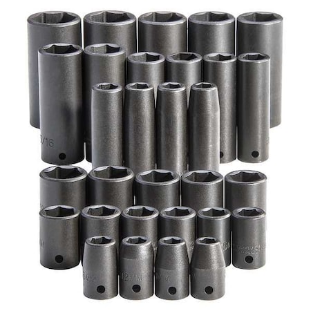 Proto Impact Socket Set, 1/2 in Drive Size, SAE/Metric, Black Oxide, 30-Piece J54215