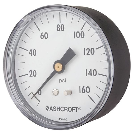 Ashcroft Industrial Pressure Gauge, 0 to 160 psi, 2 1/2 in Dial, 1/4 in NPT, Center Back Location 25W1005PH02B160#
