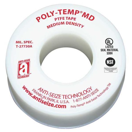 Anti-Seize Technology Thread Sealant Tape, Poly-Temp, Medium Density, 1 in W x 43 ft L, White 16060
