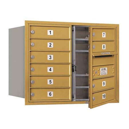 Salsbury Industries Horizontal Mailbox, Gold, Powder Coated, 10 Doors, Recessed, USPS 3706D-10GFU