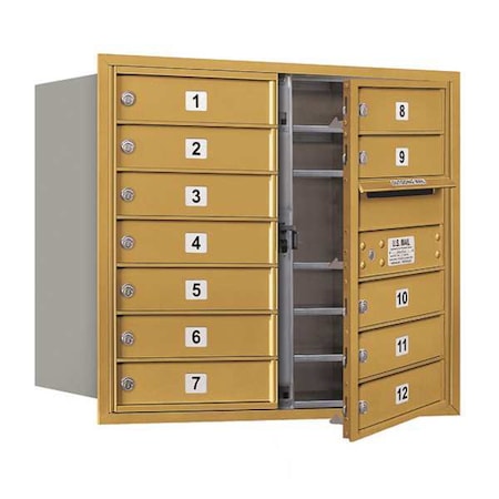 Salsbury Industries Horizontal Mailbox, Gold, Powder Coated, 12 Doors, Recessed, USPS 3707D-12GFU