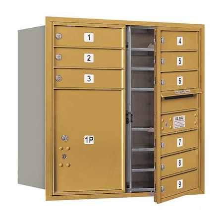 Salsbury Industries Horizontal Mailbox, Gold, Powder Coated, 10 Doors, Recessed, USPS 3708D-09GFU