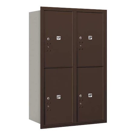 Salsbury Industries Horizontal Mailbox, Bronze, Powder Coated, 4 Doors, Recessed, USPS 3712D-4PZRU
