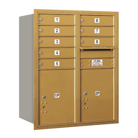 Salsbury Industries Horizontal Mailbox, Gold, Powder Coated, 10 Doors, Recessed, USPS 3710D-08GRU