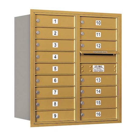 Salsbury Industries Horizontal Mailbox, Gold, Powder Coated, 16 Doors, Recessed, USPS 3709D-16GRU