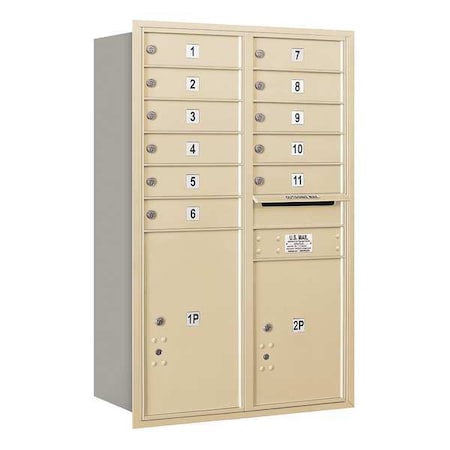 Salsbury Industries Horizontal Mailbox, Sandstone, Powder Coated, 13 Doors, Recessed, USPS 3712D-11SRU