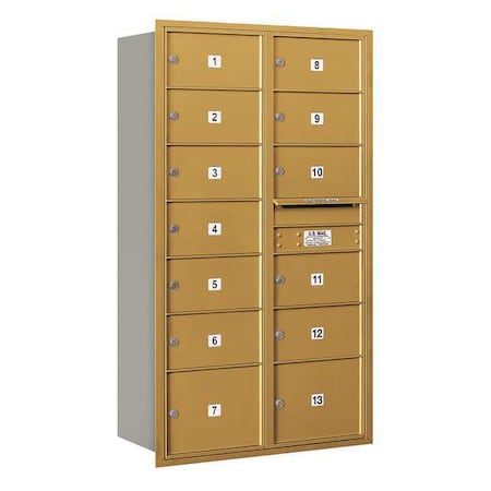 Salsbury Industries Horizontal Mailbox, Gold, Powder Coated, 13 Doors, Recessed, MB3 3715D-13GRP