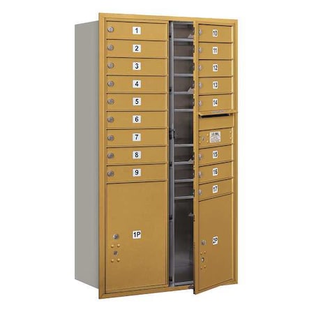 Salsbury Industries Horizontal Mailbox, Gold, Powder Coated, 19 Doors, Recessed, USPS 3715D-17GFU