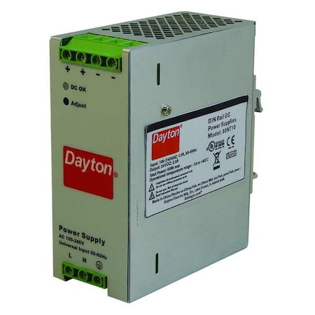 Dayton DC Power Supply, 90/264V AC, 24V DC, 60 W, 2.5 A, DIN Rail 33NT10