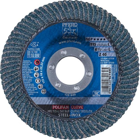 Pferd 4-1/2" x 7/8" A.H. POLIFAN Flap Disc - Z SGP CURVE STEELOX, Zirconia, 40 Grit, Large Radius 67339