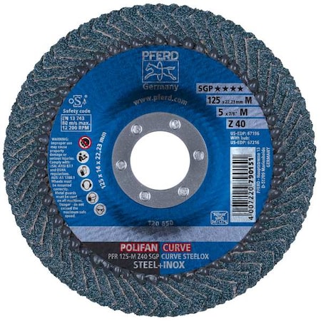 Pferd 5" x 7/8" A.H. POLIFAN® Flap Disc - Z SGP CURVE STEELOX, Zirconia, 40 Grit, Medium Radius 67196