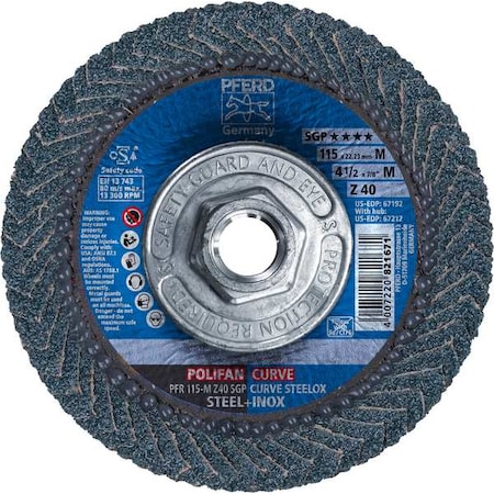 Pferd 4-1/2" x 5/8-11 Thd. POLIFAN Flap Disc - Z SGP CURVE STEELOX, Zirconia, 40 Grit, Medium Radius 67212