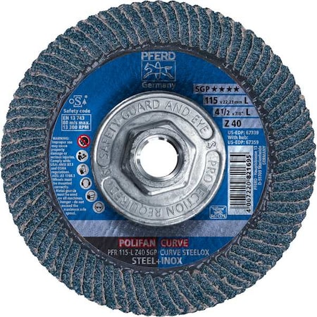 Pferd 4-1/2" x 5/8-11 Thd. POLIFAN Flap Disc - Z SGP CURVE STEELOX, Zirconia, 40 Grit, Large Radius 67359
