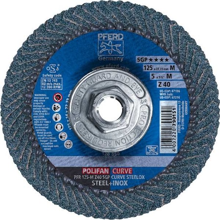Pferd 5" x 5/8-11 Thd. POLIFAN Flap Disc - Z SGP CURVE STEELOX, Zirconia, 40 Grit, Medium Radius 67216