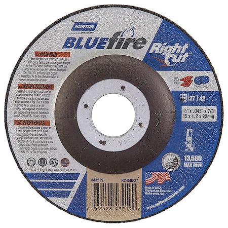 Norton Abrasives Depressed Center Cut-Off Wheel, Type 27, 4 1/2 in Dia, 0.0625 in Thick, 7/8 in Arbor Hole Size 66252843219