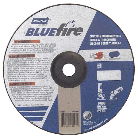 Norton Abrasives Cut-Off & Grinding Wheel, Type 27, 9 in Dia, 0.125 in Thick, 7/8 in Arbor Hole Size, 24 Grit 66252843245