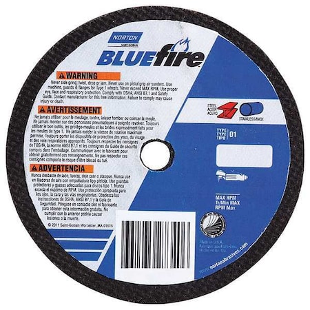 Norton Abrasives Abrasive Cut-Off Wheel, Type 1, 12 in Dia, 0.1094 in Thick, 1 in Arbor Hole Size, Zirconia Alumina 66252843250