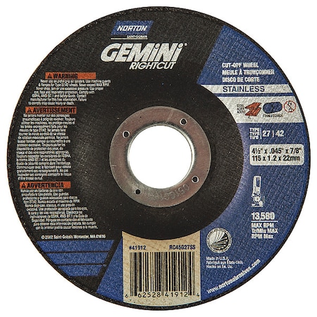 Norton Abrasives Depressed Center Cut-Off Wheel, Type 27, 4