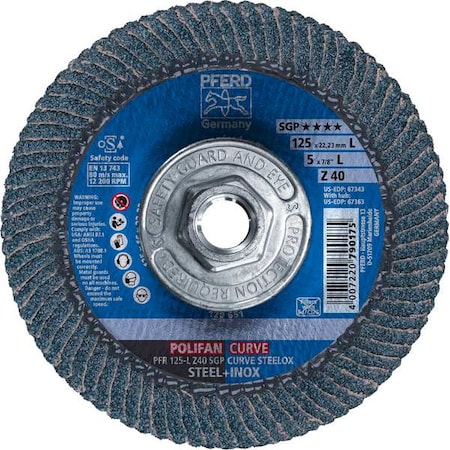Pferd 5" x 5/8-11 Thd. POLIFAN Flap Disc - Z SGP CURVE STEELOX, Zirconia, 40 Grit, Large Radius 67363