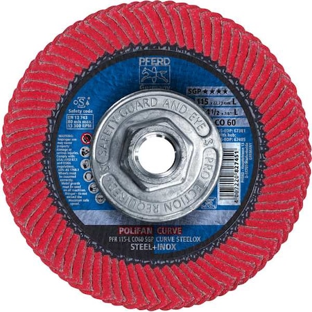 Pferd 4-1/2" x 5/8-11 Thd. POLIFAN Flap Disc - CO SGP CURVE STEELOX, Ceramic oxide, 60 Grit, Large Radius 67405