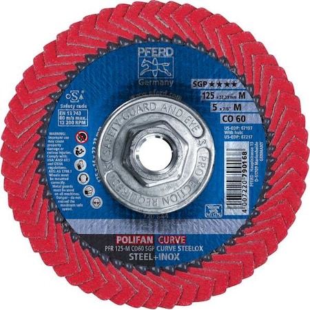 Pferd 5" x 5/8-11 Thd. POLIFAN Flap Disc - CO SGP CURVE STEELOX, Ceramic oxide, 60 Grit, Medium Radius 67217