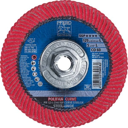 Pferd 5" x 5/8-11 Thd. POLIFAN Flap Disc - CO SGP CURVE STEELOX, Ceramic oxide, 60 Grit, Large Radius 67364