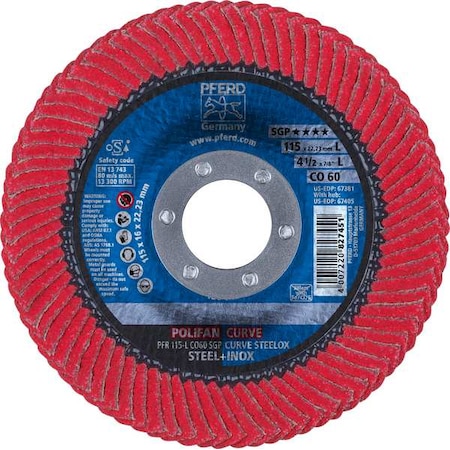 Pferd 4-1/2" x 7/8" A.H. POLIFAN Flap Disc - CO SGP CURVE STEELOX, Ceramic oxide, 60 Grit, Large Radius 67381